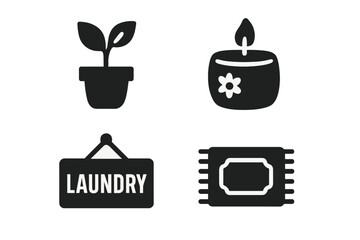 Laundry room decor solid icons set. Vector glyph collection includes houseplant, scented candle, laundry sign, and small rug. Household chores and cleaning concept.