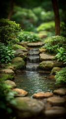 Tranquil Stream Flowing Through a Serene Forest Garden Setting
