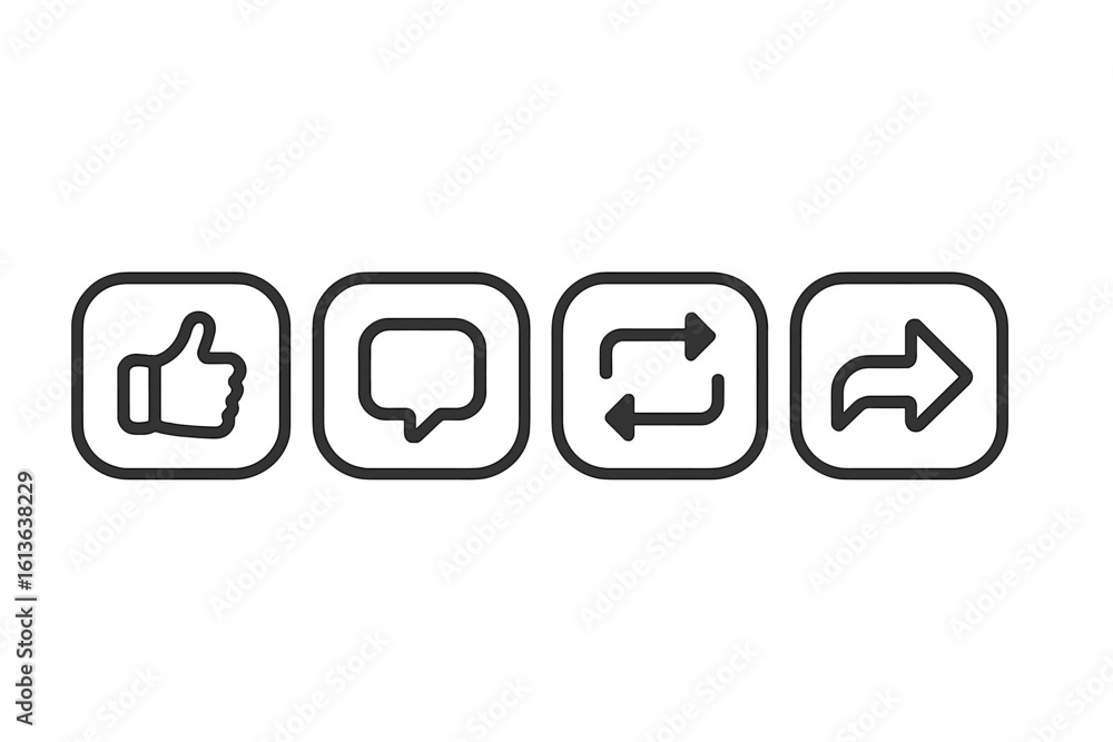 Poster like, comment, share, and repost icon set. social media interface buttons with thumbs up, speech bub