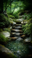 Tranquil Stream Flowing Through a Serene Forest Garden Setting
