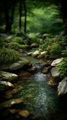 Tranquil Stream Flowing Through a Serene Forest Garden Setting
