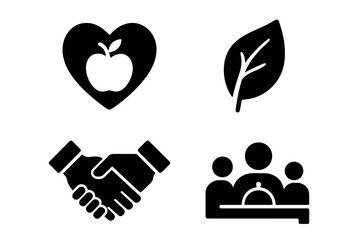 Local food icon set. Community supported agriculture. Healthy eating, heart health, organic eco leaf, fair trade handshake, family meal vector solid glyph icons.