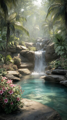 Serene Tropical Waterfall Surrounded by Lush Greenery and Blooming Flowers
