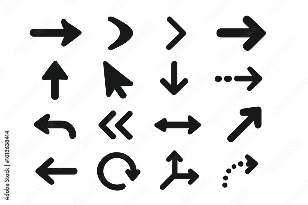 Poster black vector arrows collection. set of different simple modern arrow icons. cursor, pointer and dire