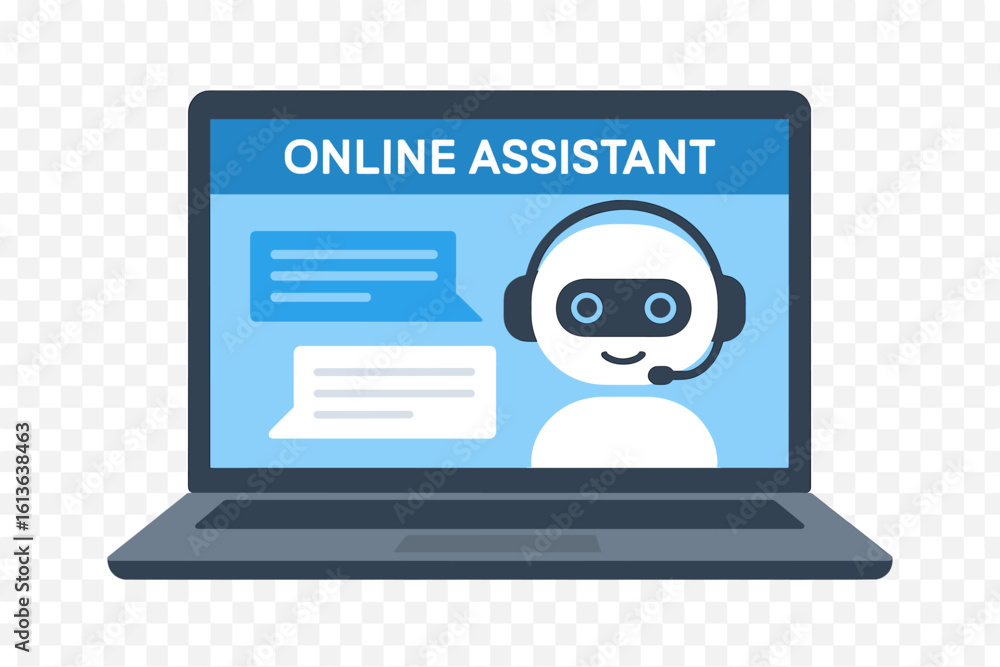 Poster online assistant chatbot on a laptop computer screen. ai robot for customer service and support. art