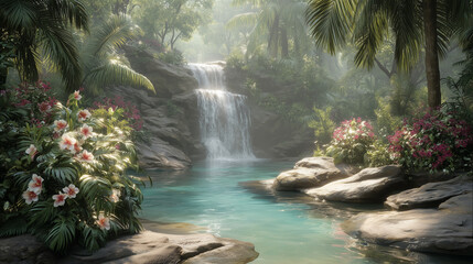 Serene Tropical Waterfall Surrounded by Lush Greenery and Blooming Flowers
