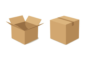 Set of realistic cardboard boxes. Open empty carton and closed sealed parcel with tape for shipping. Delivery packaging mockup template. 3D vector illustration isolated.