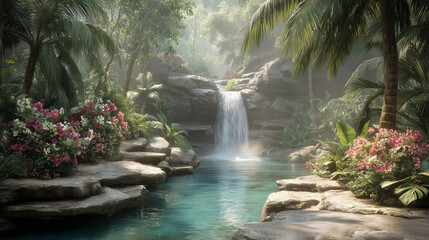 Serene Tropical Waterfall Surrounded by Lush Greenery and Blooming Flowers
