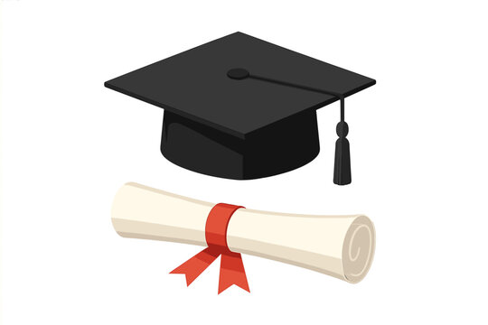 Black graduation cap with tassel and diploma scroll. Mortarboard hat for university, college, or high school graduate. Academic education, success, and achievement vector concept.