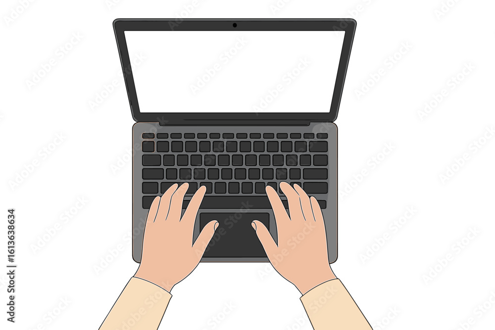 Poster human hands typing on a laptop computer with an empty white screen. top-down view of a workspace des