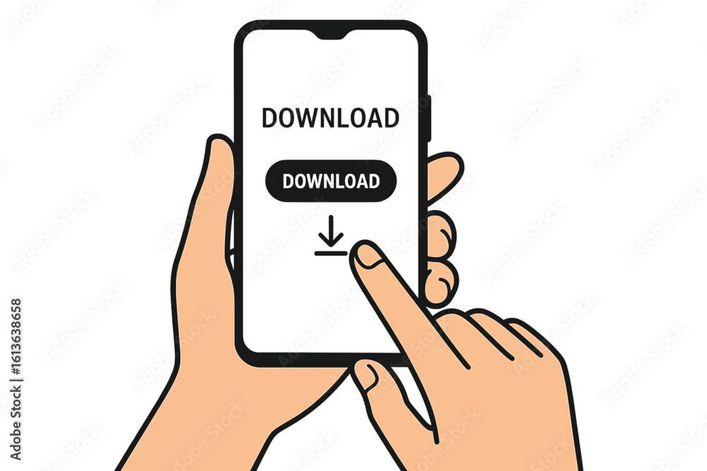 Poster hand holding smartphone and pressing the download button on the screen. concept of installing a mobi
