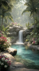Serene Tropical Waterfall Surrounded by Lush Greenery and Blooming Flowers
