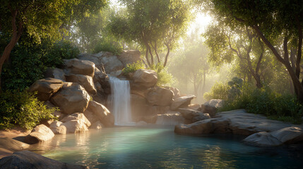 Serene Tropical Waterfall Surrounded by Lush Greenery and Blooming Flowers
