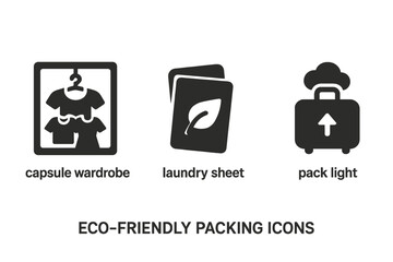 Eco friendly packing icon set for sustainable travel. Solid glyph icons for capsule wardrobe, laundry sheets and packing light. Vector symbols for minimalist journey tips.