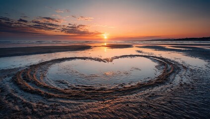 Heart-shaped puddle on beach at sunset