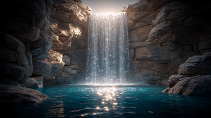 Scenic Waterfall Cascading Into Clear Pool Surrounded by Rocky Cliffs and Foliage
