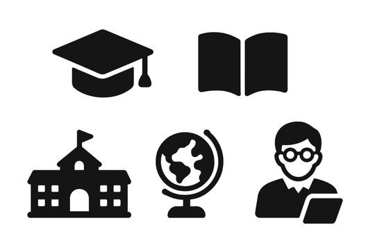 Education icon set. School, university symbols. Graduation cap, book, globe, teacher, student. Knowledge, learning, study vector pictogram glyphs for web design.