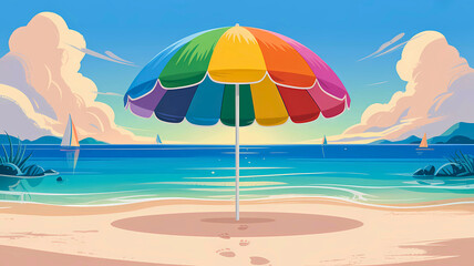 Colorful rainbow beach umbrella on a serene sandy shore during a beautiful summer sunset, a tranquil vacation scene.