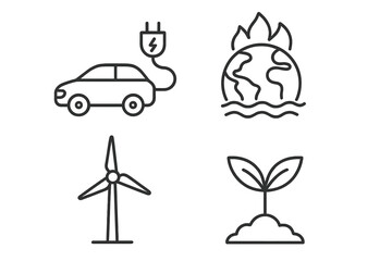 Ecology icon set. Environment line art symbols. Eco friendly concepts: electric car, global warming, climate change, renewable energy, organic farming, sustainability vector pack.