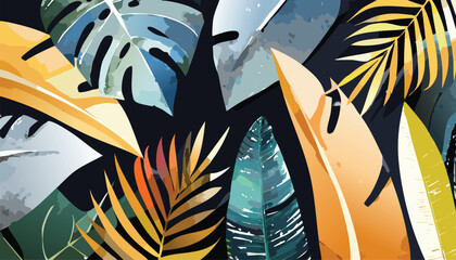 modern design featuring abundance tropical green and gold leaves