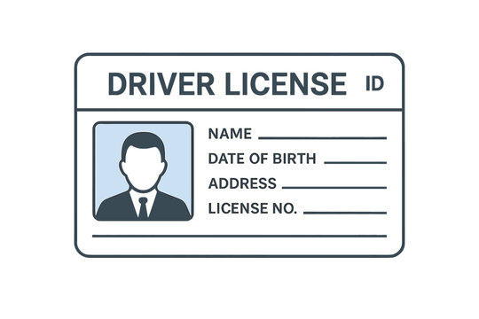 Driver license vector icon. ID card for personal identification and verification. Official document concept with photo, name, address. Driving permit template isolated.