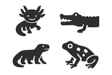 Naklejka premium Endangered species vector icon set. Solid filled reptile and amphibian glyphs. Axolotl, gharial, Komodo dragon, poison frog. Wildlife conservation animal symbols.