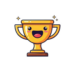 A cute golden trophy cup with a happy smiling face, sparkling with joy.