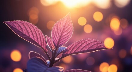 Close up of purple leaves bathed in warm sunlight creating a beautiful bokeh effect
