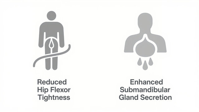 Gray hip and gland icons represent improved hip flexibility and enhanced submandibular gland secretion, used for hip relaxation and gland health scenarios.