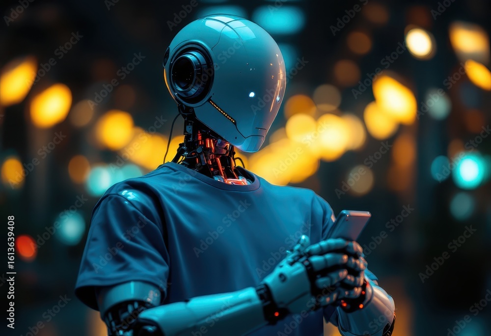Poster futuristic robot using a smartphone in a city setting.