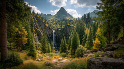 Scenic Mountain Waterfall Cascading Into a Calming Forest Lake
