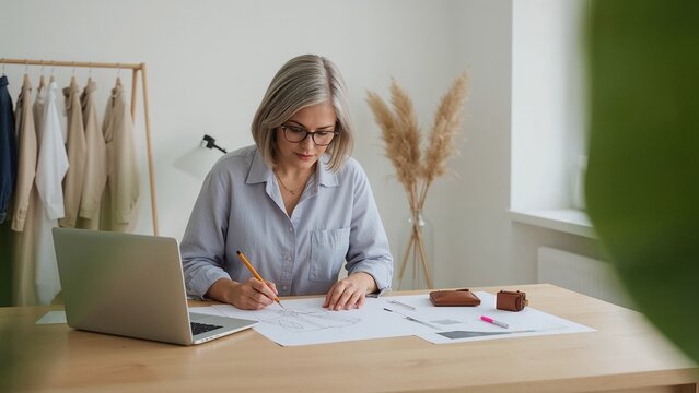 Focused fashion designer sketching new clothing line at her bright minimalist studio space