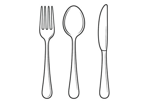 Fork, spoon, knife cutlery vector icon set. Restaurant menu symbol. Kitchen utensils line art illustration. Simple black outline drawing of silverware for food and dinner.