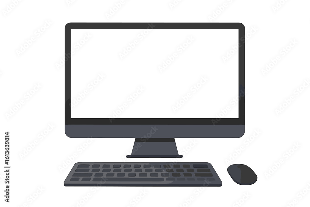 Poster computer monitor with keyboard and mouse front view. modern desktop pc display with blank empty scre