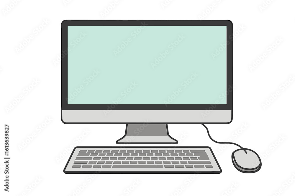 Poster computer monitor with blank screen for mockup. desktop pc with keyboard and mouse front view. modern