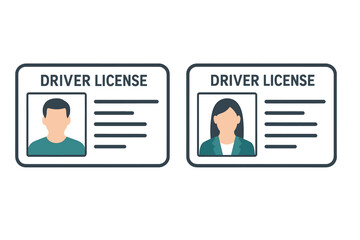 Driver license icon set for man and woman. ID card vector template with photo placeholder. Personal identity document, driving permit concept in flat design style.