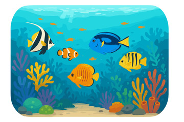 Vibrant cartoon underwater scene with tropical fish. Colorful coral reef illustration with clownfish, blue tang, and exotic marine life. Aquatic seascape vector background.