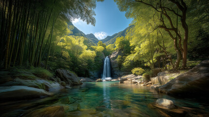 Serene Waterfall Surrounded by Green Bamboo Forest and Rocky Landscape
