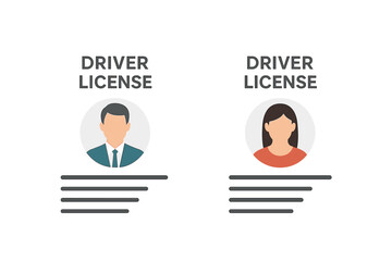 Driver license icon set with man and woman photo avatar. Identification card template. ID document for identity verification. Personal info data concept. Flat vector illustration.