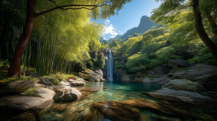 Serene Waterfall Surrounded by Green Bamboo Forest and Rocky Landscape
