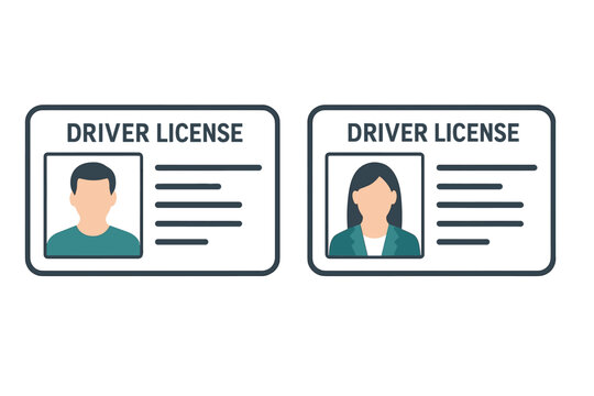 Driver license icon set for man and woman. ID card vector template with photo placeholder. Personal identity document, driving permit concept in flat design style.