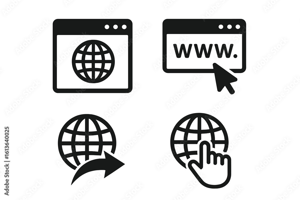 Fototapete internet web browser and globe icon set. www address link, go to website symbol, and hand click curs