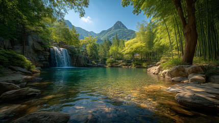 Serene Waterfall Surrounded by Green Bamboo Forest and Rocky Landscape
