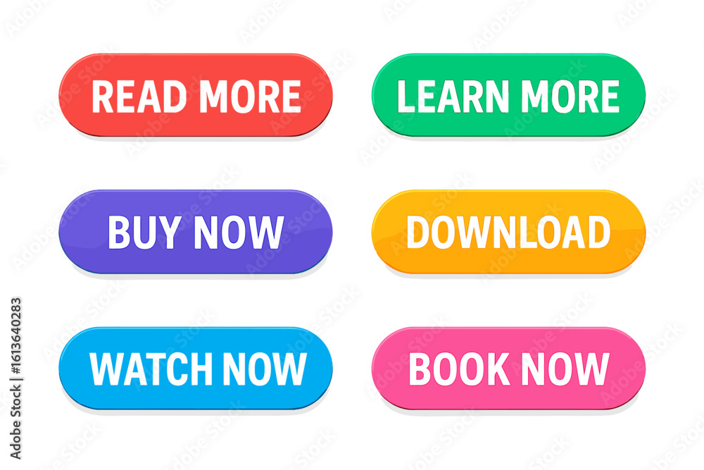 Poster modern colorful 3d button set with call to action text. vector icons for buy, book, download, watch 
