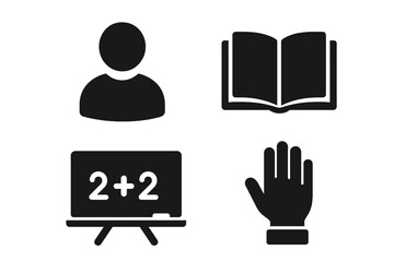 Education icon set. School and learning solid glyphs. Student, open book for knowledge, blackboard for math lesson, and raised hand for classroom participation symbol.