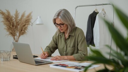 Focused fashion designer sketching ideas in her studio surrounded by inspiration