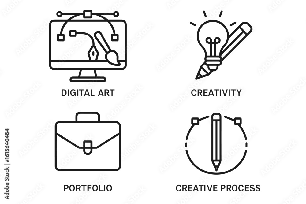Aufkleber graphic design icon set in thin line style. concepts of digital art, creativity, portfolio, creative