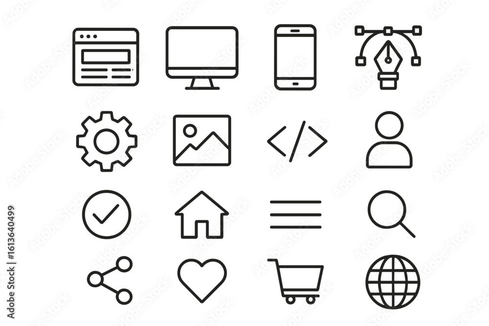 Aufkleber web design & ui ux line icon set. vector pictogram collection for website and mobile app. includes u