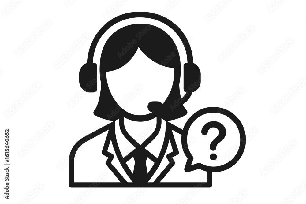 Poster customer support agent icon with headset. female call center operator for helpdesk or faq. vector li