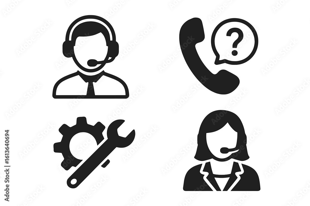 Poster tech support icon set. call center, hotline for client consultation. support service symbols for con